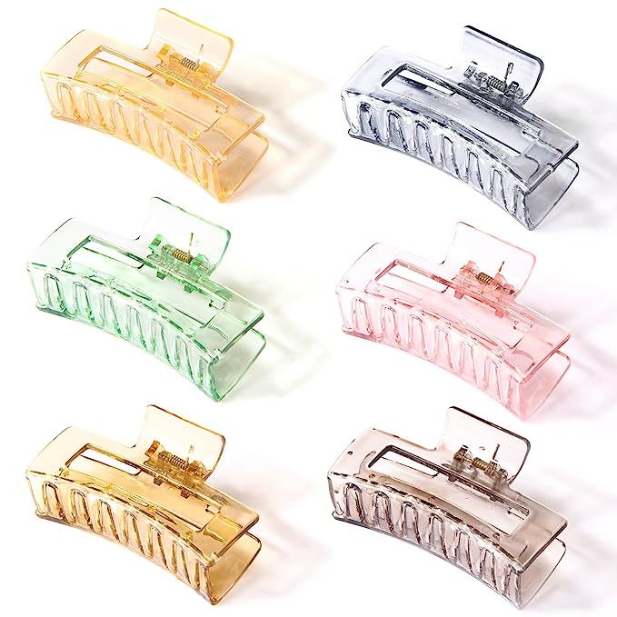 Clear Hair Claw Clips, 6 Pack Non-Slip Rectangular Cute Hair Claw Clips for Women Girls Gift, Pow... | Amazon (US)