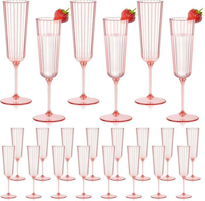 24 Pack Plastic Champagne Flutes Pink Unbreakable Ribbed Champagne Glasses Detachable 5.5 Oz Disp... | Amazon (US)