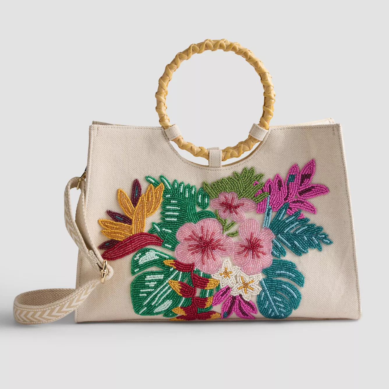 Sol and Mer Boxy Beaded Tote Bag with Round Bamboo Handles & Removable Crossbody Strap | Kohl's