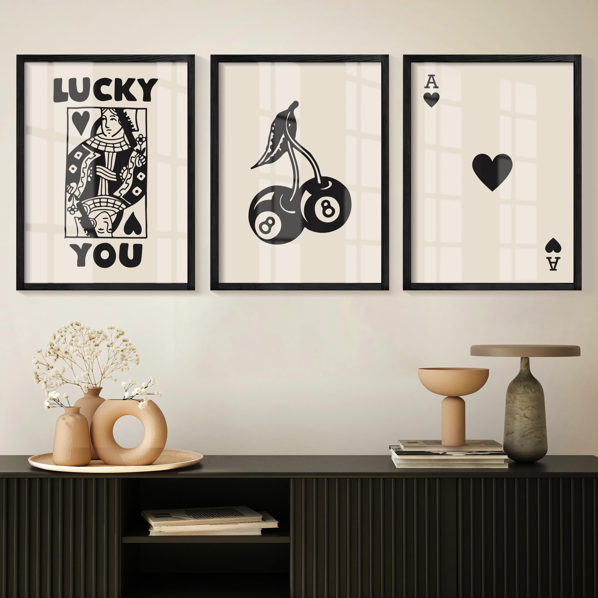 Heiple Framed Set of 3 Poker Wall Art Lucky You Poster, Trendy Retro Print Wall Decor for Queen o... | Amazon (US)