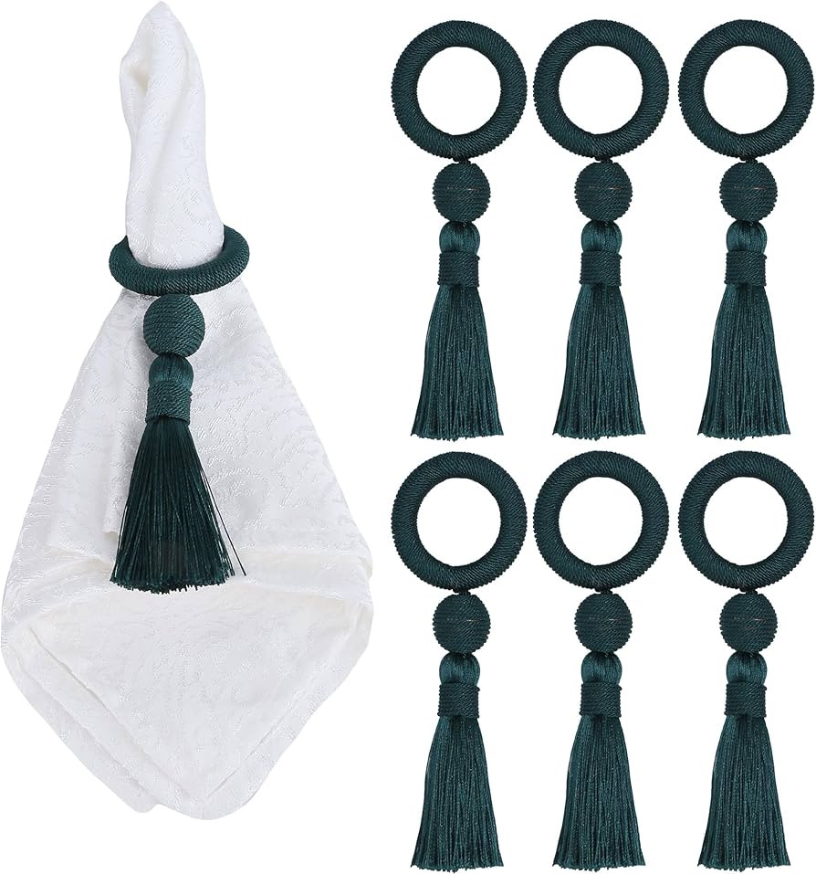 Napkin Rings Set of 6, Wooden Napkin Rings with Tassel, Rustic Wooden Napkin Ring Holder for Tabl... | Amazon (US)