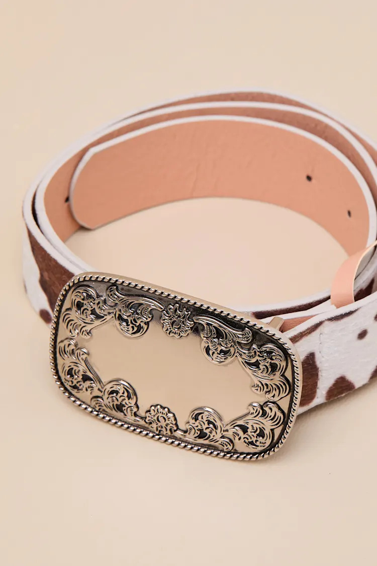 Winry Brown and White Cow Print Faux Fur Belt | Lulus
