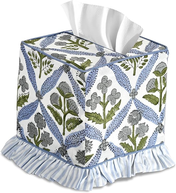 Ridhi Light Steel Blue Block Print Ruffle Tissue Box Cover Handmade Cotton Decorative Square Napk... | Amazon (US)