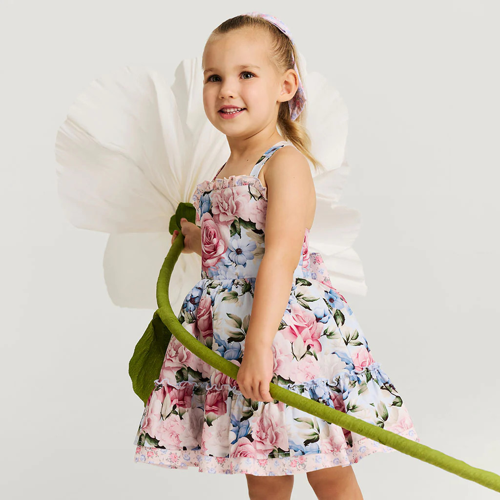 Floral Blue Sleeveless Marion Bamboo Challis Ruffled Bow Petticoat Dress | Posh Peanut® | Posh Peanut