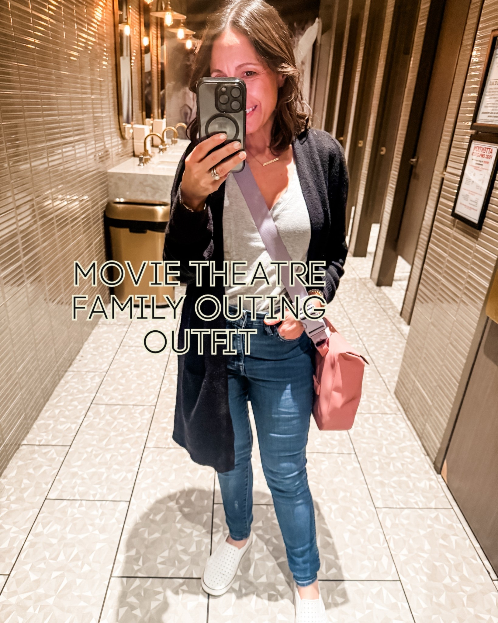 Casual outfit for family movie theatre   
Black cardigan because I love a comfy cardigan. 
Grey v-neck t-shirt. 
Midrise jeans. 
White Native water shoes. 
Petite Outfit 
Petite style 
Casual style 

#LTKootd #LTKOver40 #LTKPetite