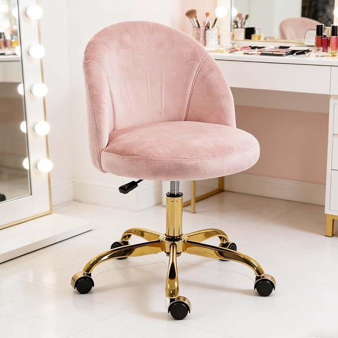 Pink and Gold Vanity Chair with Back, Small Chair for Vanity, Velvet Swivel Makeup Chairs & Cute ... | Amazon (US)
