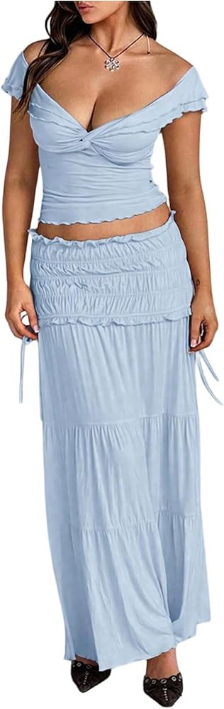SOLY HUX Women's 2 Piece Skirt Sets Twist Off the Shoulder Crop Tops and Ruffle Maxi Skirt Vacati... | Amazon (US)
