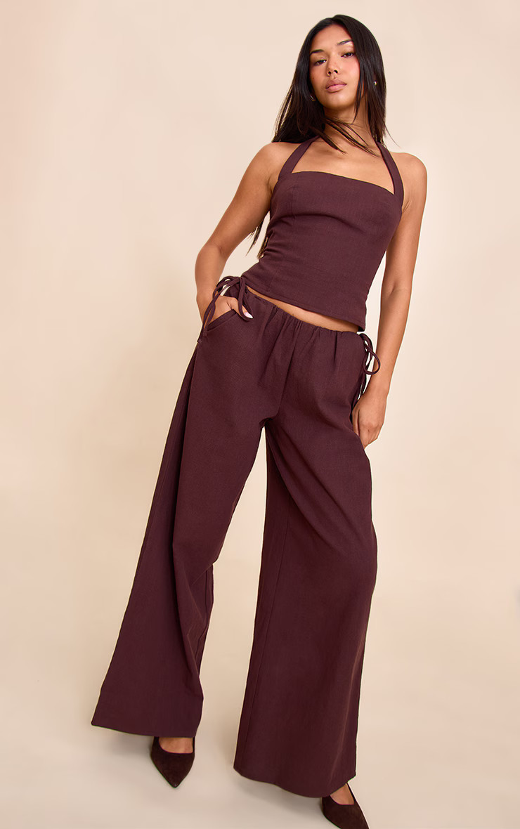 Deep Chocolate Premium Linen Side Tie Detail Wide Leg Pants | PrettyLittleThing US