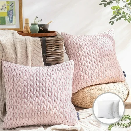 Phantoscope Quilted Velvet Braid Textured Pleated Decorative Throw Pillow 20 X 20 Light Pink 2 Pack | Walmart (US)