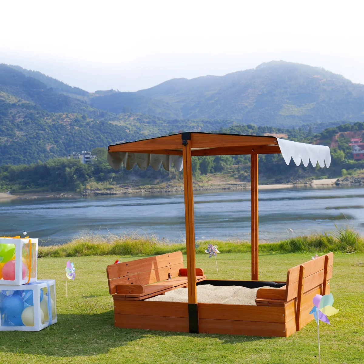 47" Fir Wood Outdoor Sandbox with Adjustable Canopy, Liner, Seats and Foldable Cover | Wayfair North America
