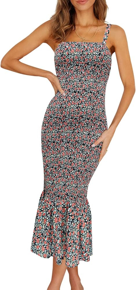 PRETTYGARDEN Women's Summer Floral Midi Tank Dress Sleeveless Strappy Ruffle Hem Smocked Bodycon ... | Amazon (US)