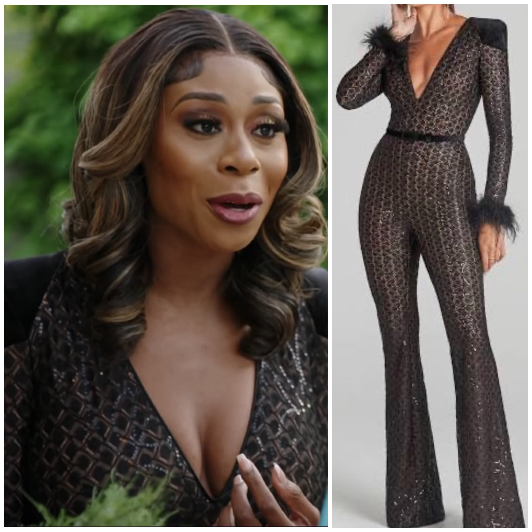 Nneka Ihim’s Black Feather Trim Jumpsuit
