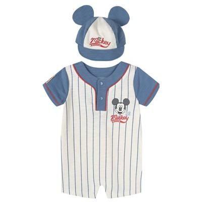 Disney Mickey Mouse Newborn Baby Boys French Terry Henley Romper and Baseball Hat Outfit Set White / Blue Newborn | Target