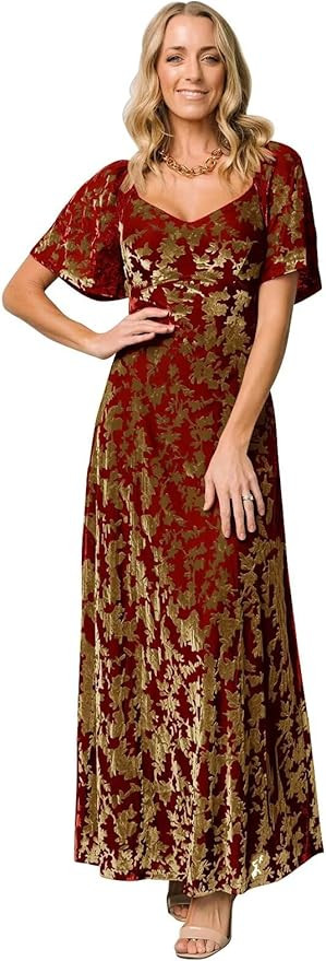 Velvet Maxi Dress Floral Short Sleeve Bridesmaid Dresses for Women Fall Winter Wedding Guest | Amazon (US)