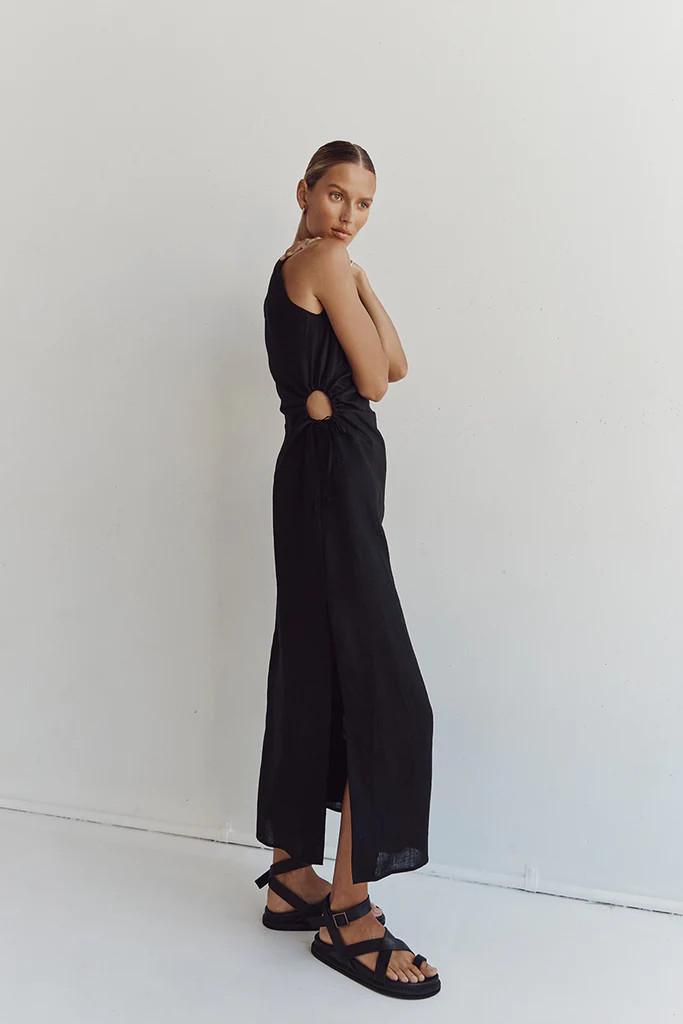 BEAU BLACK LINEN MIDI DRESS | DISSH