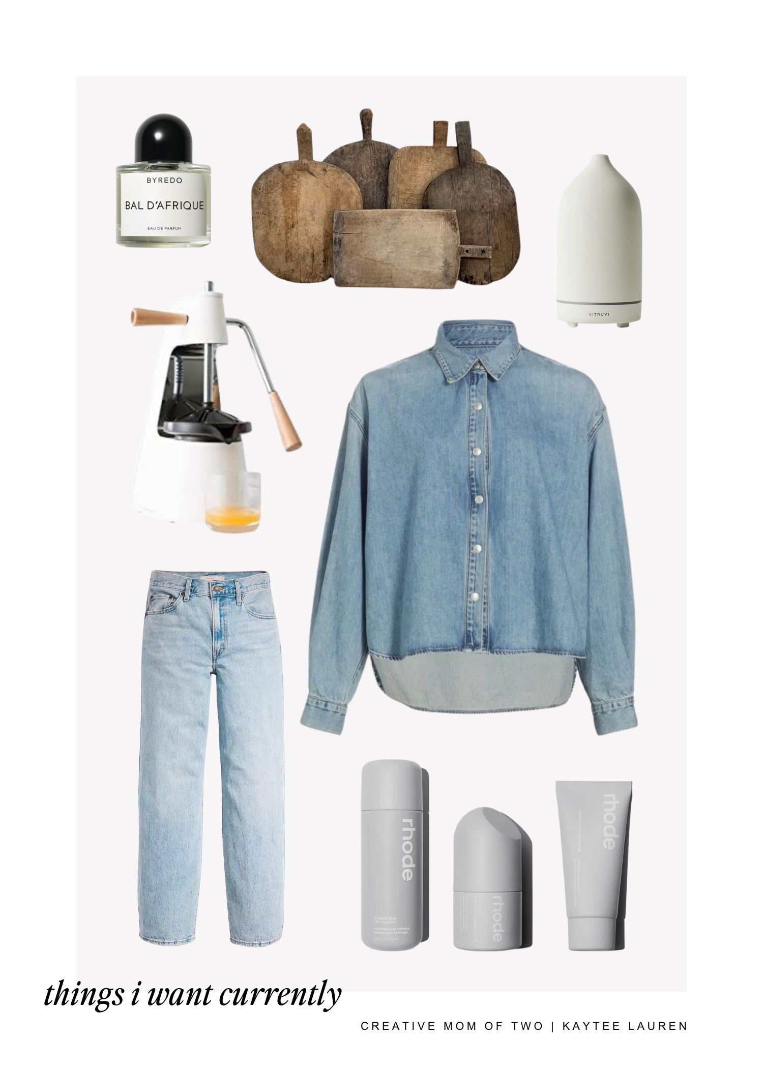Things I want, currently! I'm always eyeing favorited products that I want to try and saving them for my next purchase. #thingsiwanttobuy #rhode #rhodeskin #baggydadjeans #levisjeans #agolde #byredo 

 