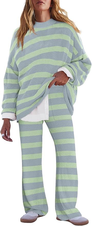 LAMISSCHE Oversized Womens Lounge Set Striped Sweater Set Long Sleeve 2 Piece Pajama Set Top and ... | Amazon (US)