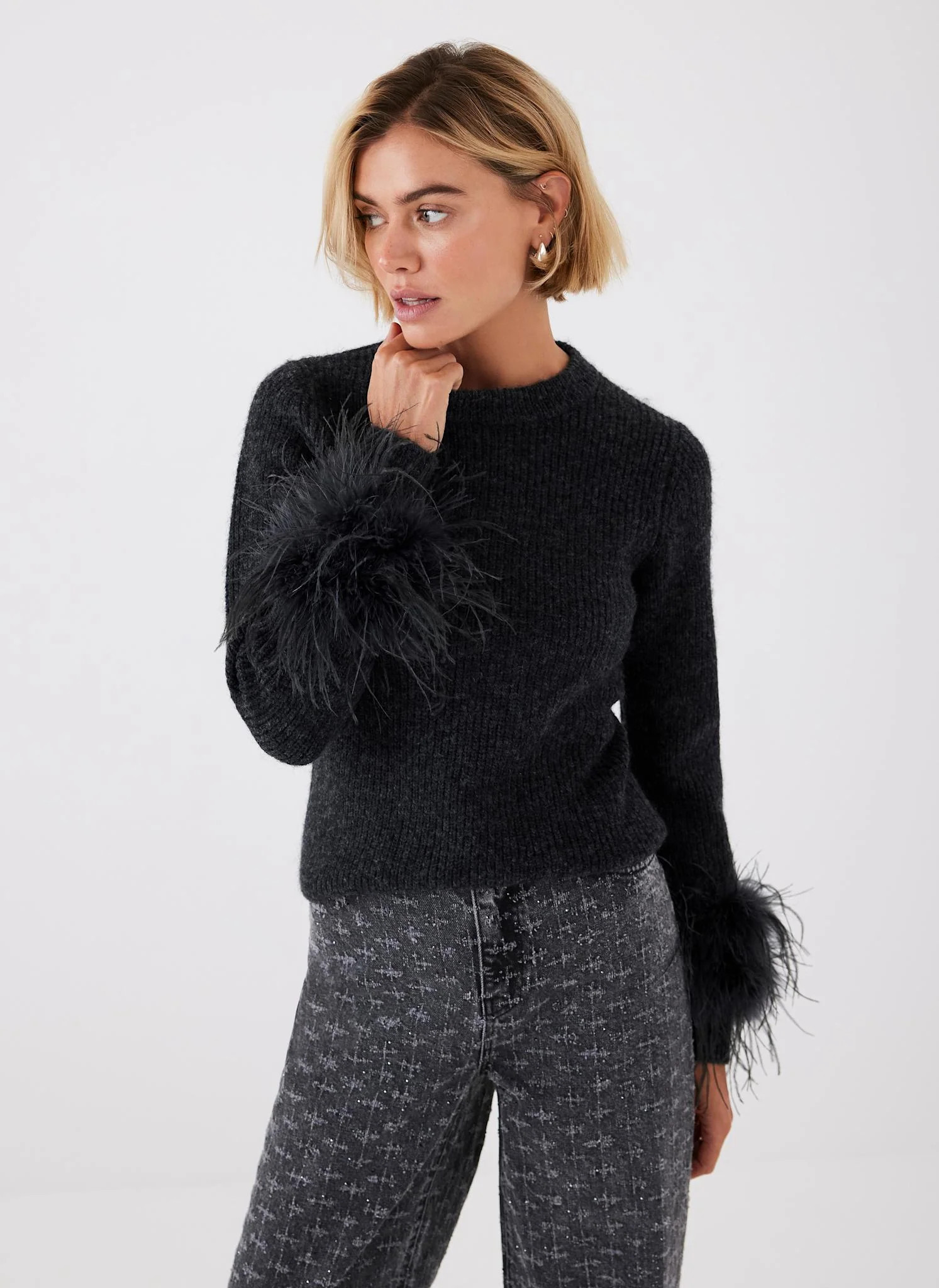 Grey Feather Trim Jumper | Mint Velvet