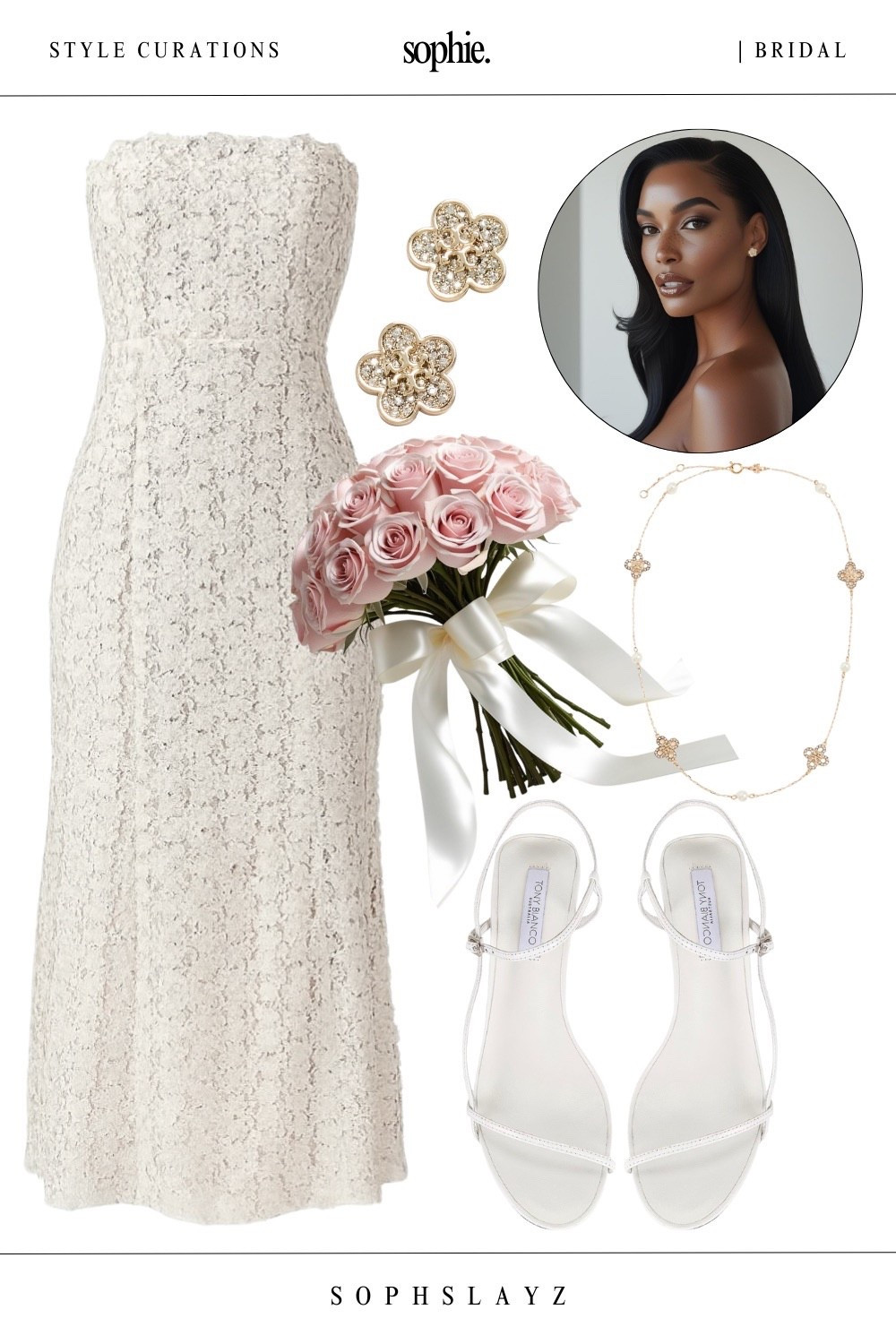 This bridal look: strapless lace midi dress, delicate floral studs, dainty gold floral and pearl necklace, white minimalist strappy heels, soft blush rose bouquet.
She’s romantic but refined. Wear this for your bridal shower, rehearsal dinner, bridal brunch or courthouse wedding. 

🔎 bridal look, lace bridal dress, courthouse wedding dress, bridal shower dress, elopement dress style, minimalist bride, white bridal heels, bridal jewelry


#LTKWedding