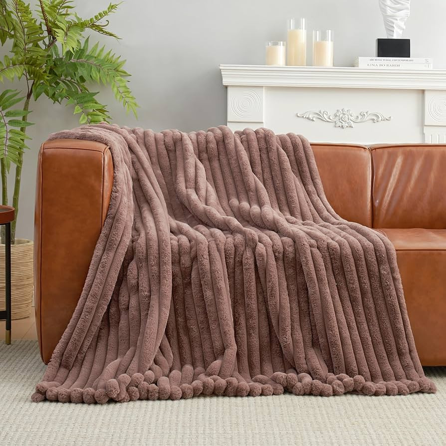 Amélie Home Faux Fur Throw Blanket for Couch, Rabbit Fur Warm Luxurious Soft Striped Cozy Fluffy... | Amazon (US)
