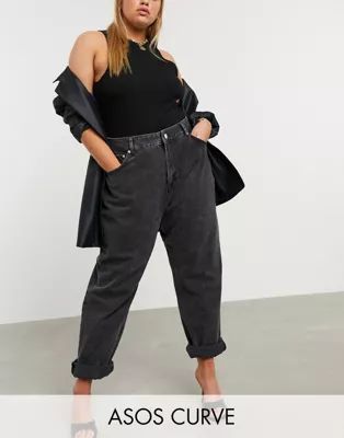 ASOS DESIGN Curve high rise 'slouchy' mom jeans in washed black | ASOS (Global)