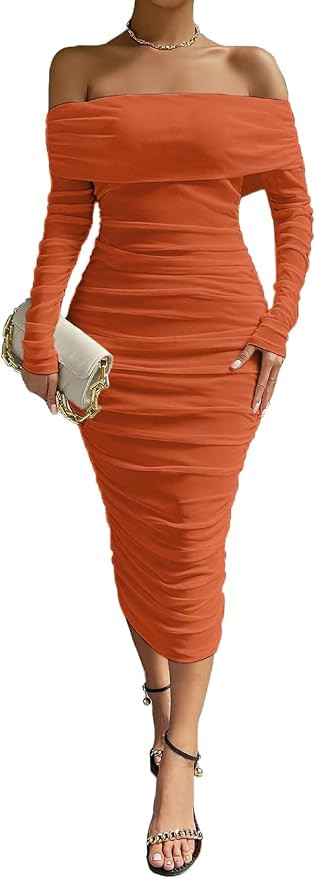 Pofash Women's Sexy One Shoulder Sleeveless Mesh Ruched Cocktail Party Midi Bodycon Dress | Amazon (US)