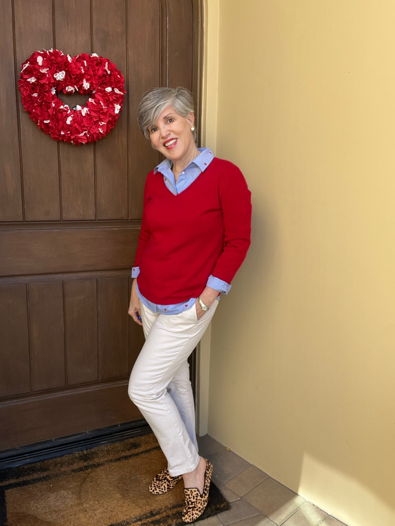 Great J Crew outlet valentines 💌 day shirt (M)/ red cashmere sweater (S)/tan chinos/ Birdies leopard 🐆 flat (8)/pearl stud earrings/Ebel watch 

#LTKSeasonal #LTKstyletip #LTKunder50