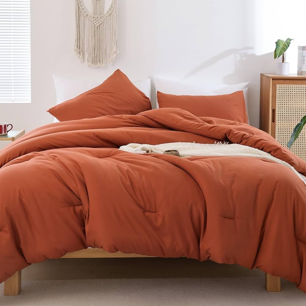 ROSGONIA Queen Comforter Set Burnt Orange, 3pcs (1 Boho Terracotta Comforter & 2 Pillowcases), Li... | Amazon (US)