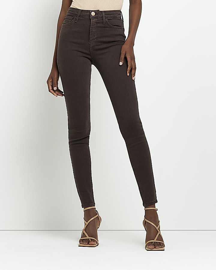 Brown high waist bum sculpt skinny jeans | River Island (UK & IE)