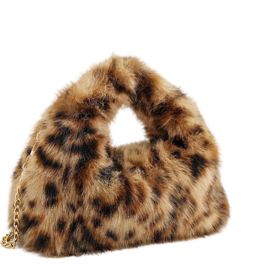 Faux Fur Hobo Handbag Shoulder Bag for Women Trendy Furry Crossbody Purse with Long Chain | Amazon (US)