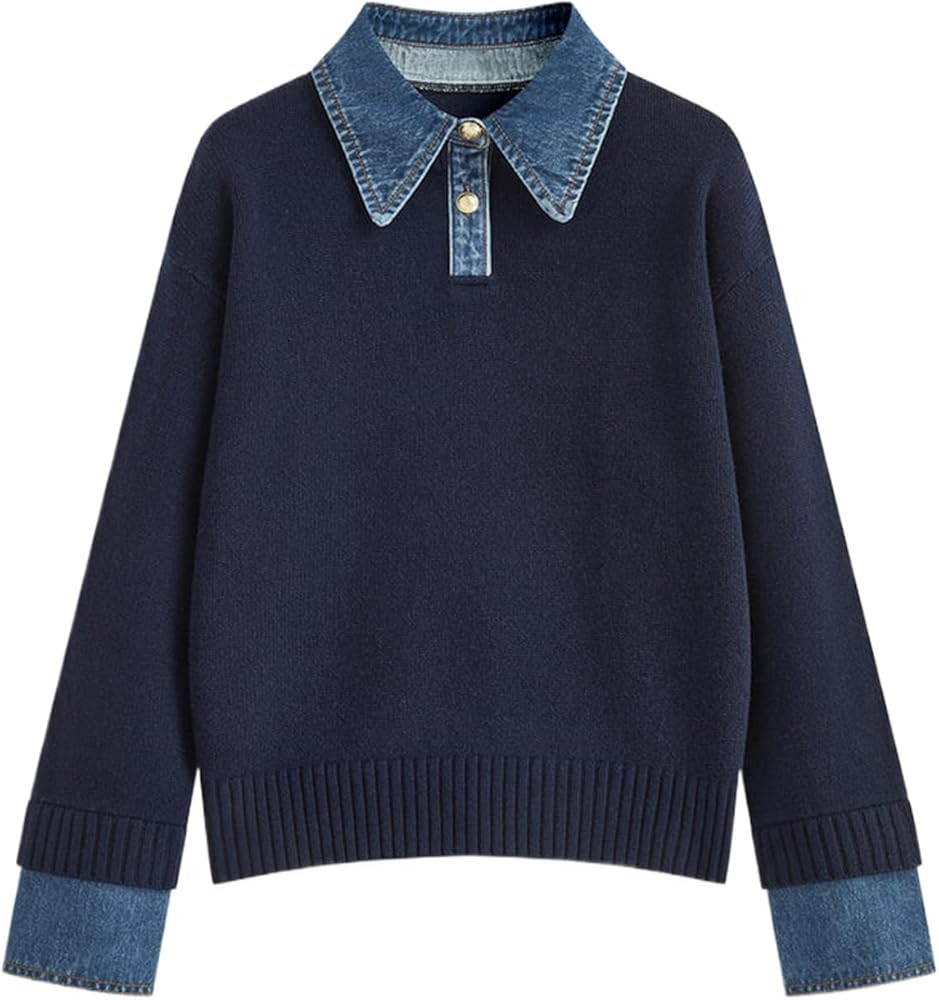 hathne Women's Oversized Polo Sweater Button Up Denim Lapel Pullover Sweater Long Sleeve Collared... | Amazon (US)