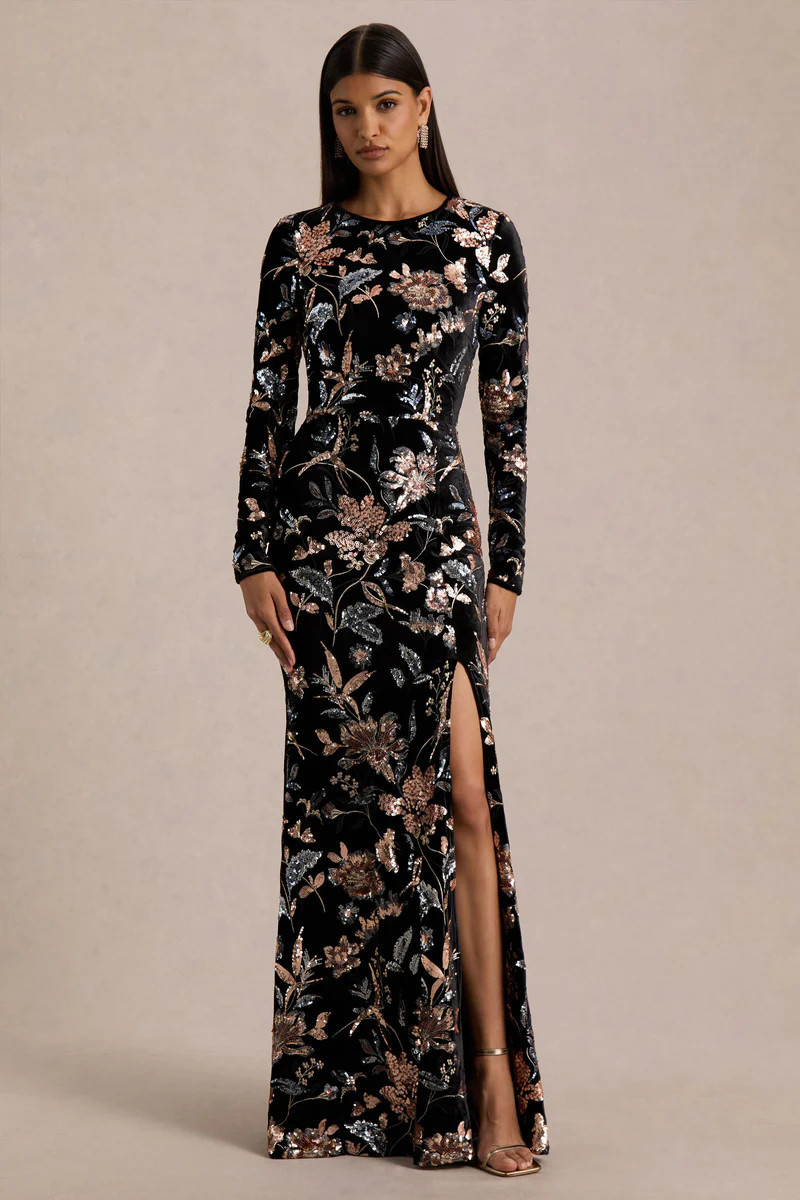 Lyric  Black Floral Velvet And Sequin Embellished Crew-Neck Maxi Dress | Club L London