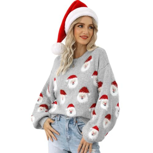 Ugly Christmas Sweater for Women: Knitted Pullover Xmas Holiday Winter Sweatshirts Adults Christmas Tree Couples Matching Family Christmas Sweaters Party Blouse Top Grey Santa Small | Amazon (US)