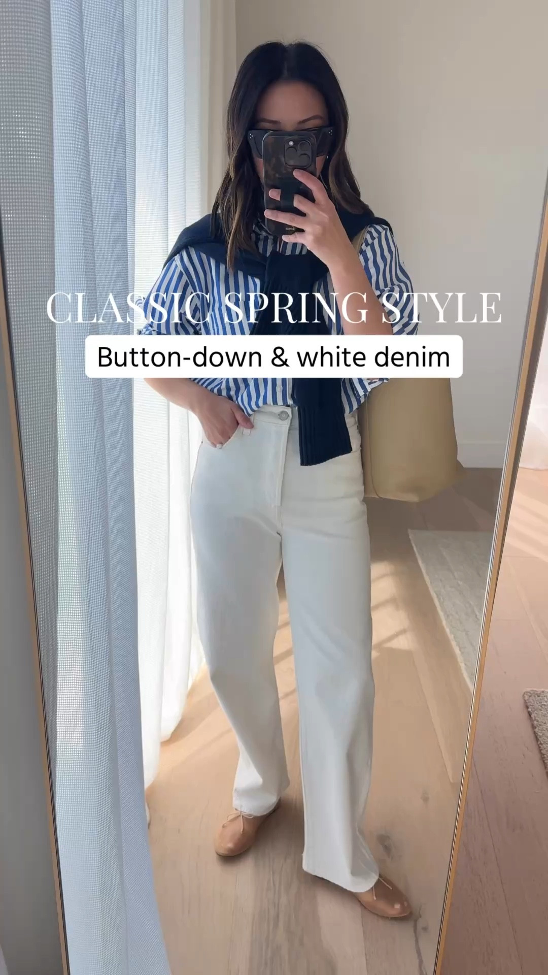 Elevated spring outfit ft. Stripe button down and white jeans. 

Gap Big Shirt petite xs
Levi’s Rib Cage Ankle 25
Everlane cotton sweater xs
Loeffler Randall flats 5
The row. Park tote medium - linked similar 
Celine sunglasses 
Dorsey James necklace 15”
Quince earrings

Spring outfits 2026, spring style, petite style, white jeans 

#LTKootd #LTKPetite #LTKmomlife