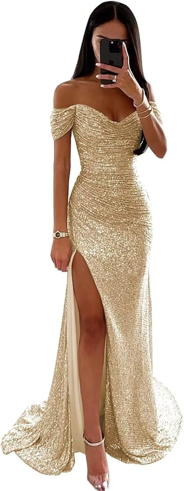 Women's Sequin Prom Dresses V Neck Mermaid Slit Bridesmaid Dress Long Ruched Sparkly Formal Eveni... | Amazon (US)