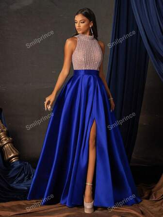 Smilprince Colorblock Sequin Pearl Inlaid High Slit Maxi Formal Evening Gown, Elegant Prom Dress,... | SHEIN