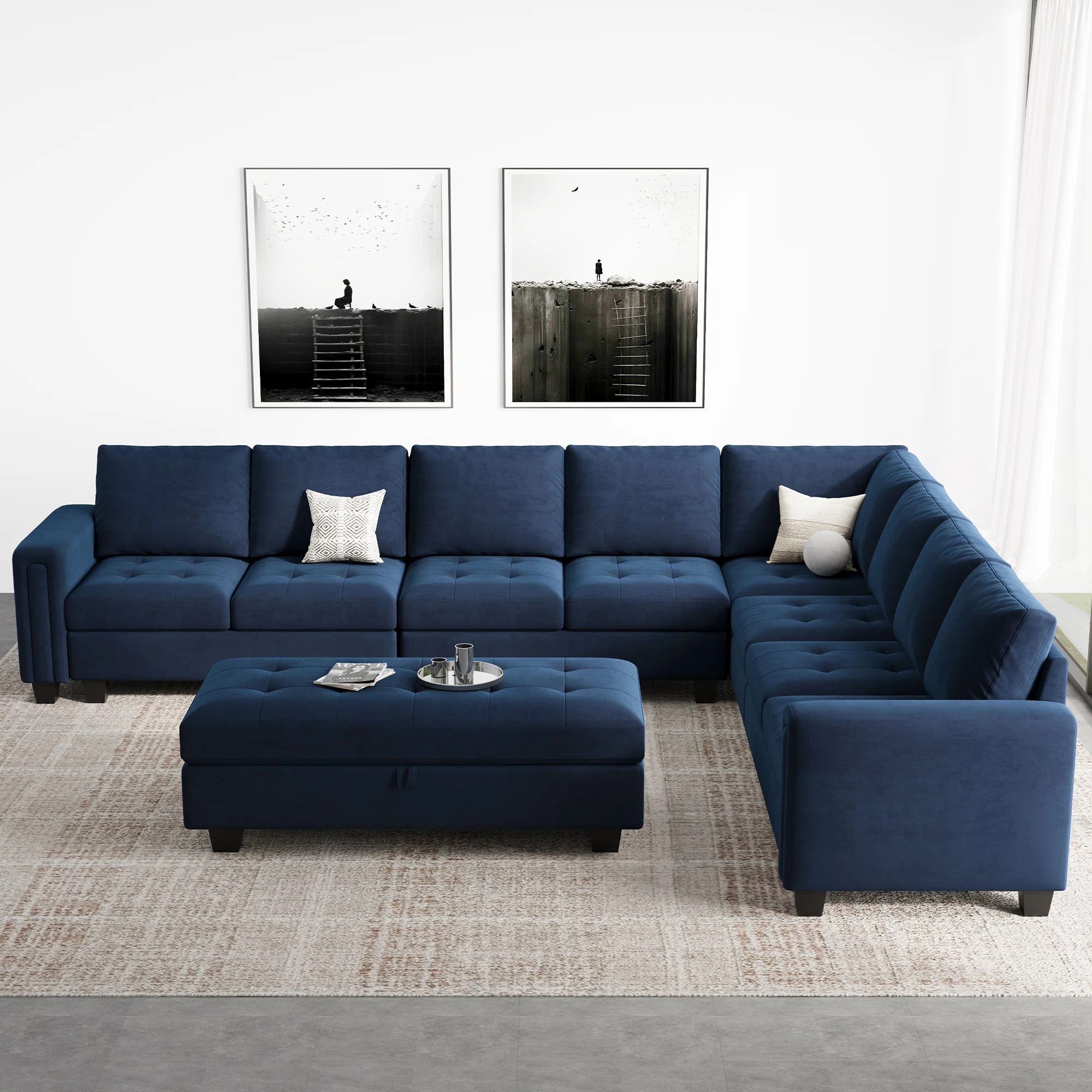 Shavera 7 - Piece Velvet Upholstered Sectional Sofa Large L shaped Livingroom Couch with Storage Ottoman | Wayfair North America