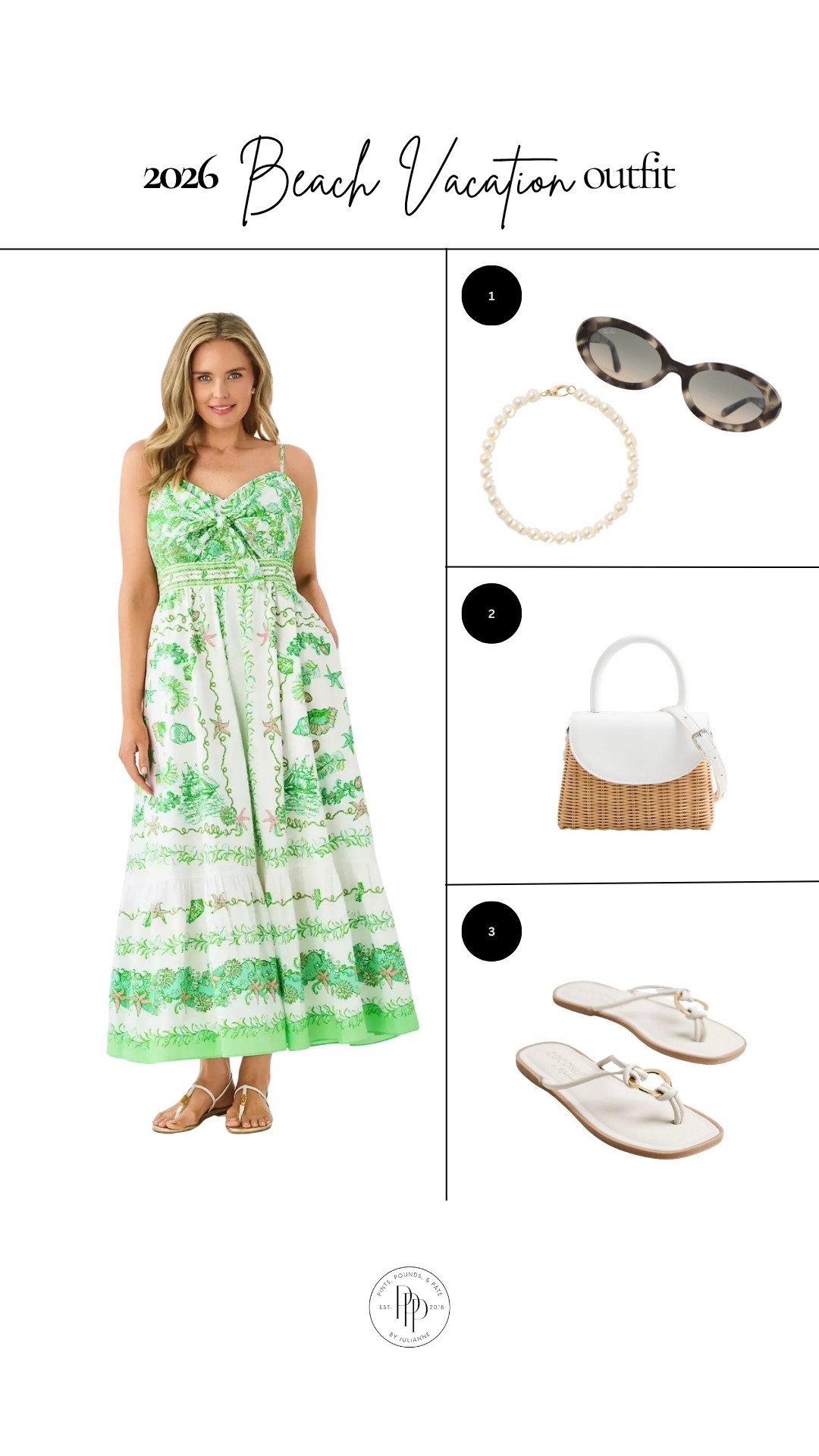 Beach vacation outfit inspo with the prettiest green dress, pearl details, and easy sandals. So cute for dinner by the water. 🌴🐚 

 #LTKootd #LTKSeasonal #LTKTravel