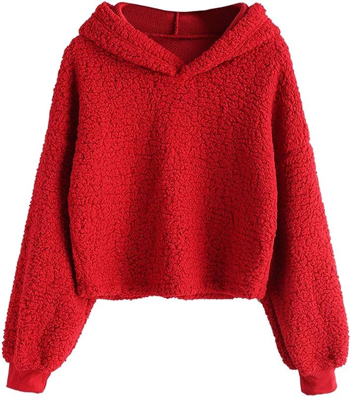 ZAFUL Women's Fuzzy Faux Fur Oversized Pullover Crop Hoodie Sweatshirt | Amazon (US)
