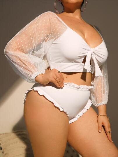 Plus Knot Front Frill Trim Long Sleeve Bikini Swimsuit | SHEIN