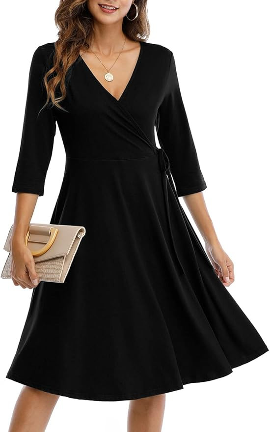 Wrap Dress for Women Casual V Neck Floral Party Swing A-Line Faux Wrap Dresses Midi Length | Amazon (US)