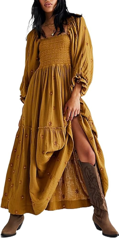 Women Bohemian Embroidered Floral Dress 2023 Casual Puff Long Sleeve Maxi Dresses Boho Flowy Ruff... | Amazon (US)