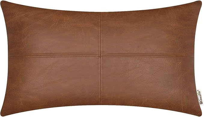 BRAWARM Faux Leather Throw Pillow Covers 12 X 20 Inches, Brown Leather Pillow Cover, Hand Stitche... | Amazon (US)