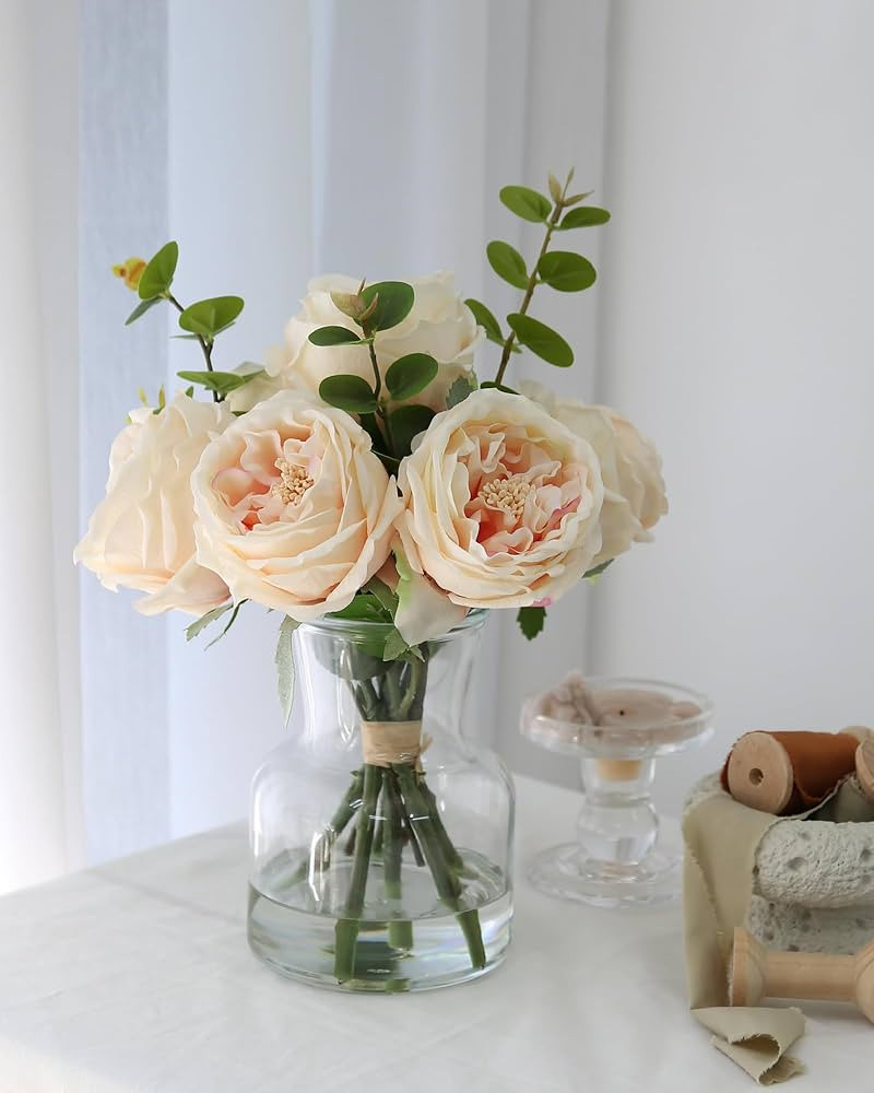 Lifelike Artificial Champagne Roses in Vase - Eternal Table Centerpiece for Dining Room & Kitchen... | Amazon (US)