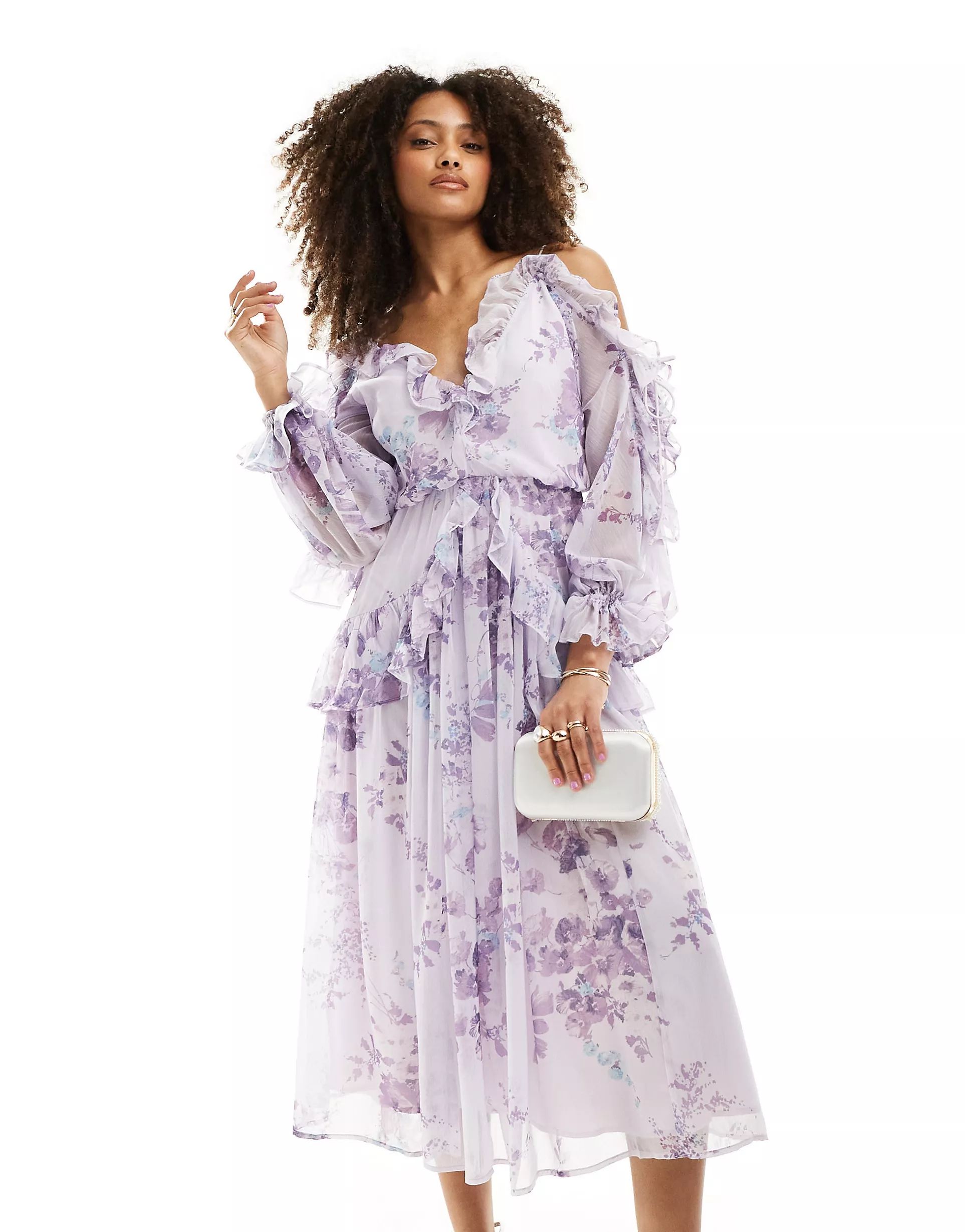 ASOS DESIGN ruffle off shoulder midi dress in lilac floral print | ASOS | ASOS (Global)