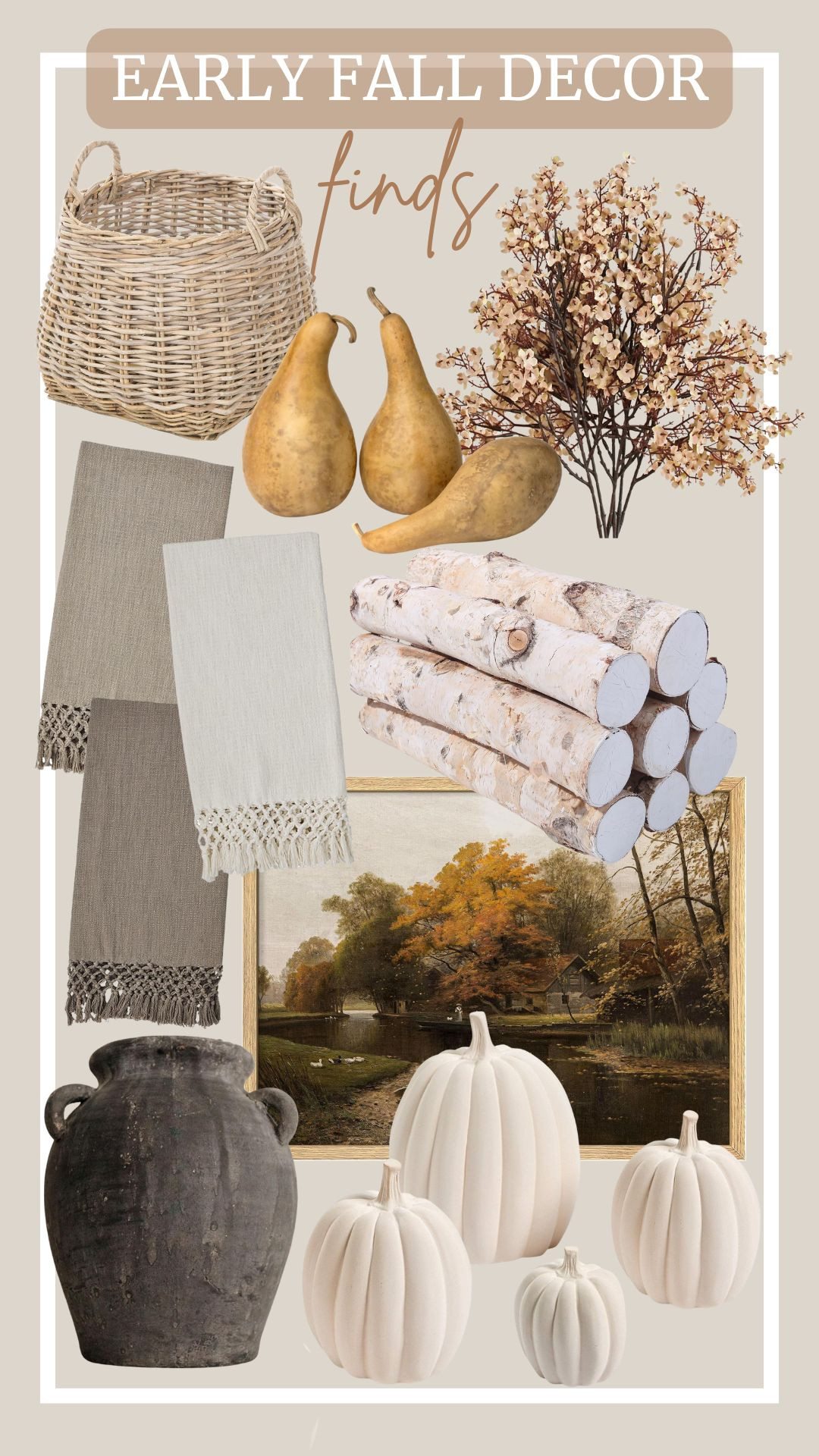 These early fall decor finds bring just the right touch of warmth to your home. Shop here.

Handmade black vase, large artificial pumpkins décor, framed autumn fall forest river landscape, faux birch logs, macrame throw blanket, artificial baby’s breath flowers, dried penguin gourds, rattan planter. 

 #LTKSeasonal #LTKHome