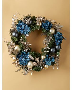 30in Artificial Hydrangea Wreath With Ornaments | Seasonal Decor | HomeGoods | HomeGoods