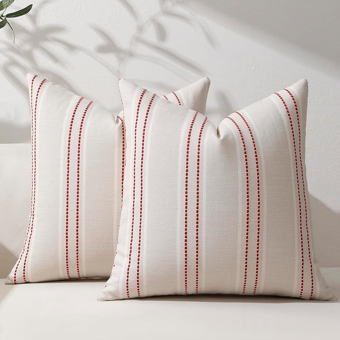 Hckot Christmas Pillow Covers 18x18 Set of 2 Red Striped Throw Pillow Covers Linen Decorative Pil... | Amazon (US)