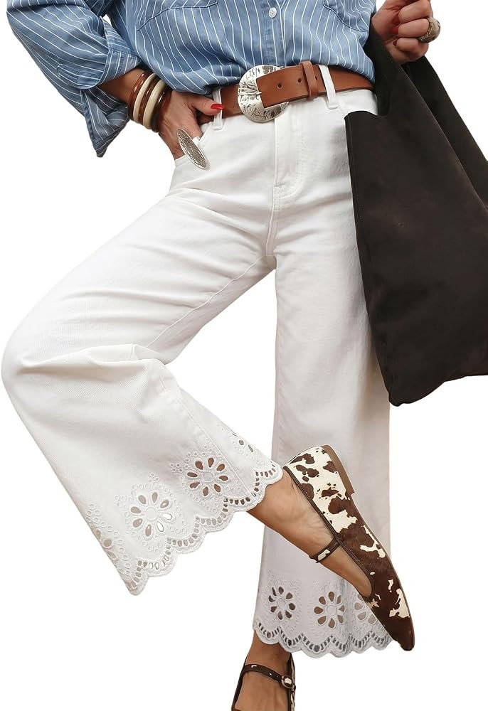 Sidefeel Womens Wide Leg Embroidered Jeans Stretchy Denim Pants     High Waisted Jeans With Pocke... | Amazon (US)