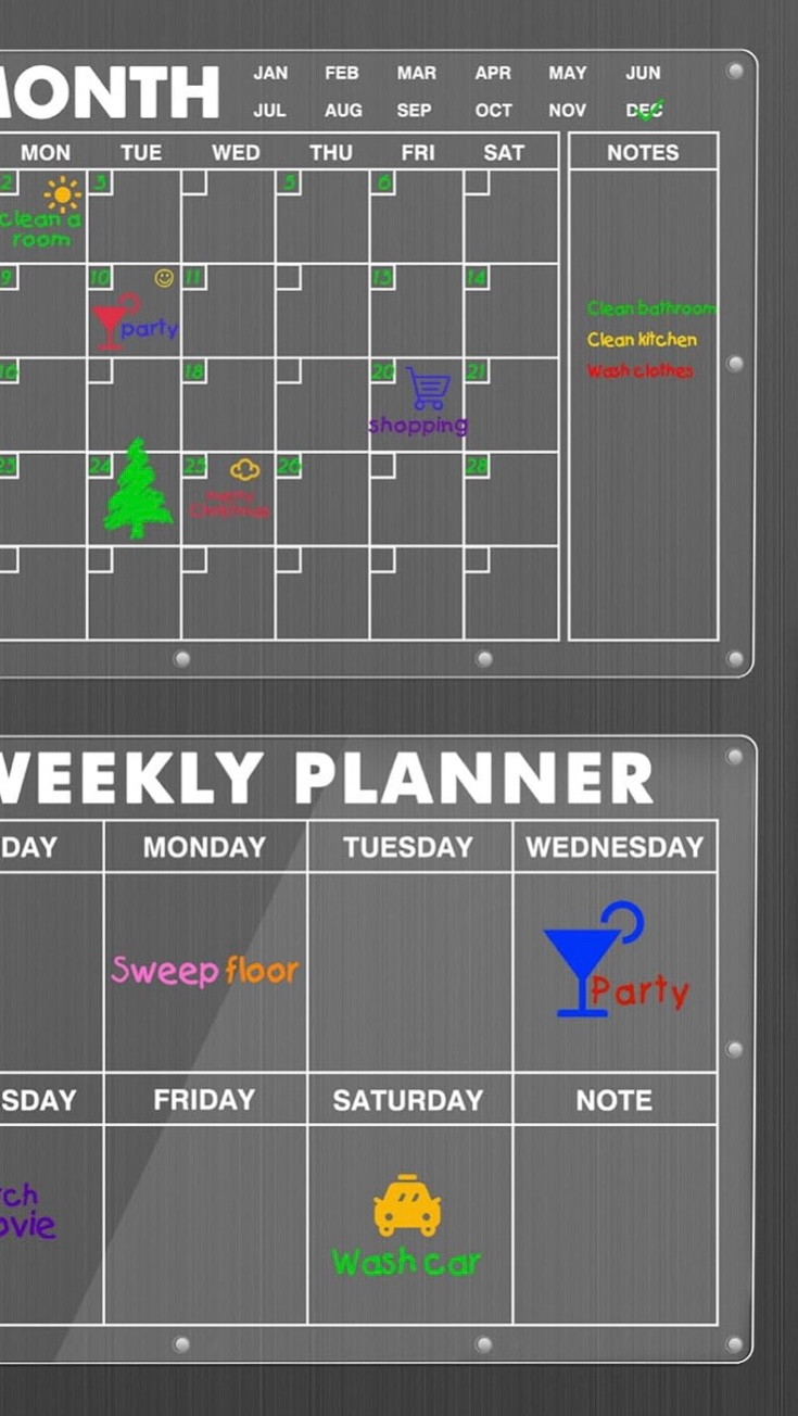 MoKo Acrylic Magnetic Dry Erase Board for Fridge, Monthly Weekly Dry Erase Calendar Set, 16"x12" Acrylic Clear Calendar, 2Pcs Planning Boards with 8 Dry Erase Markers & 1 Eraser & 1 Holder, Clear